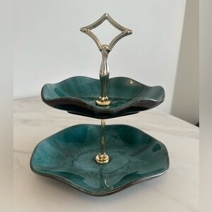 Vintage Blue Mountain Pottery Two-Tier Green/Teal Ceramic Serving Stand w Handle